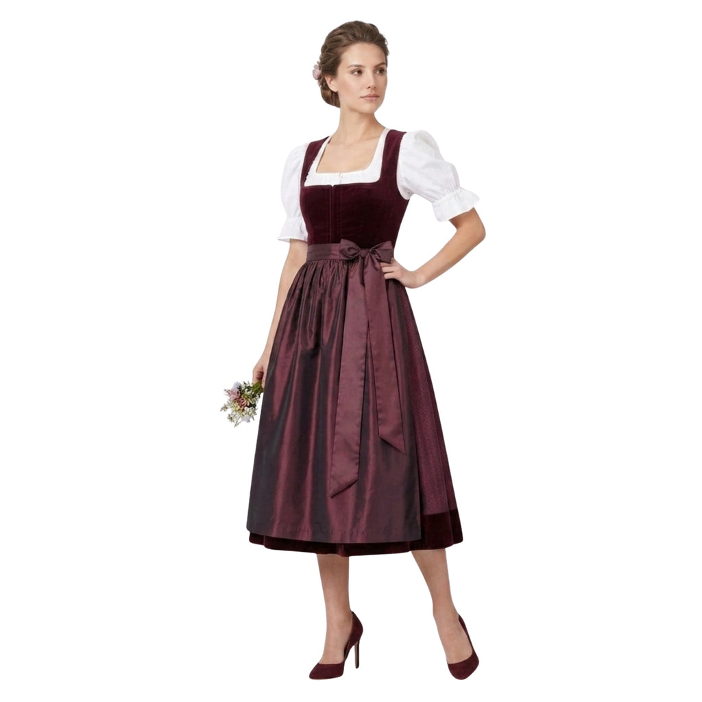 Burgundy Velvet Dirndl – Oktoberfest Midi Dress