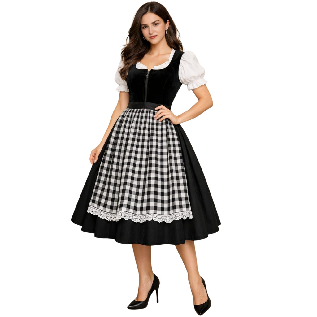 German Dirndl – Black Cotton & Plaid Lace Apron