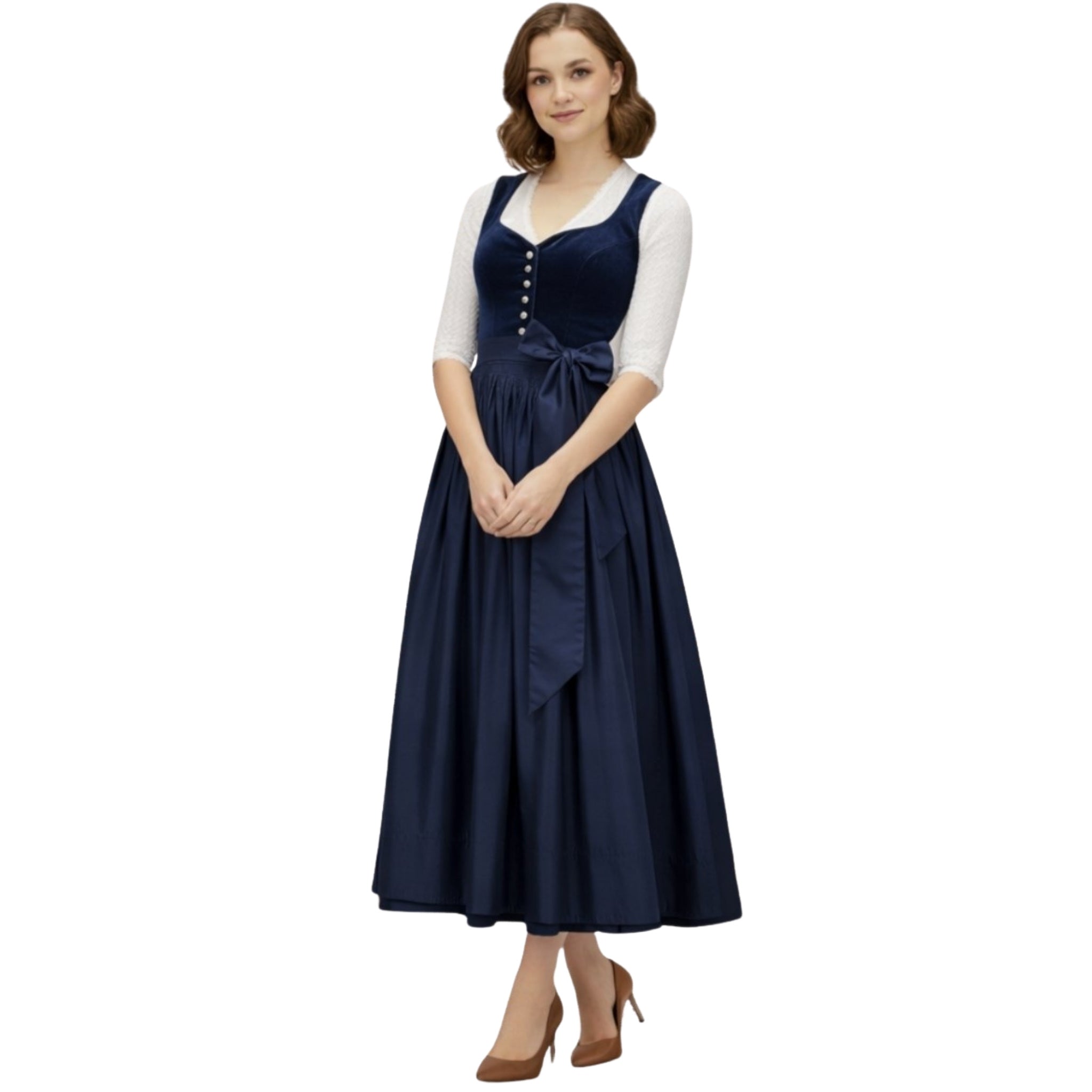 Navy Blue Velvet 3Pcs German Dirndl Dress Set – Long Style