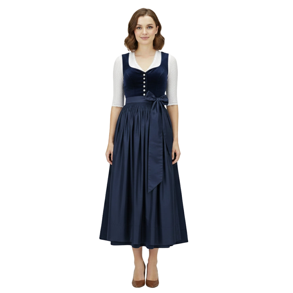 Navy Blue Velvet 3Pcs German Dirndl Dress Set – Long Style