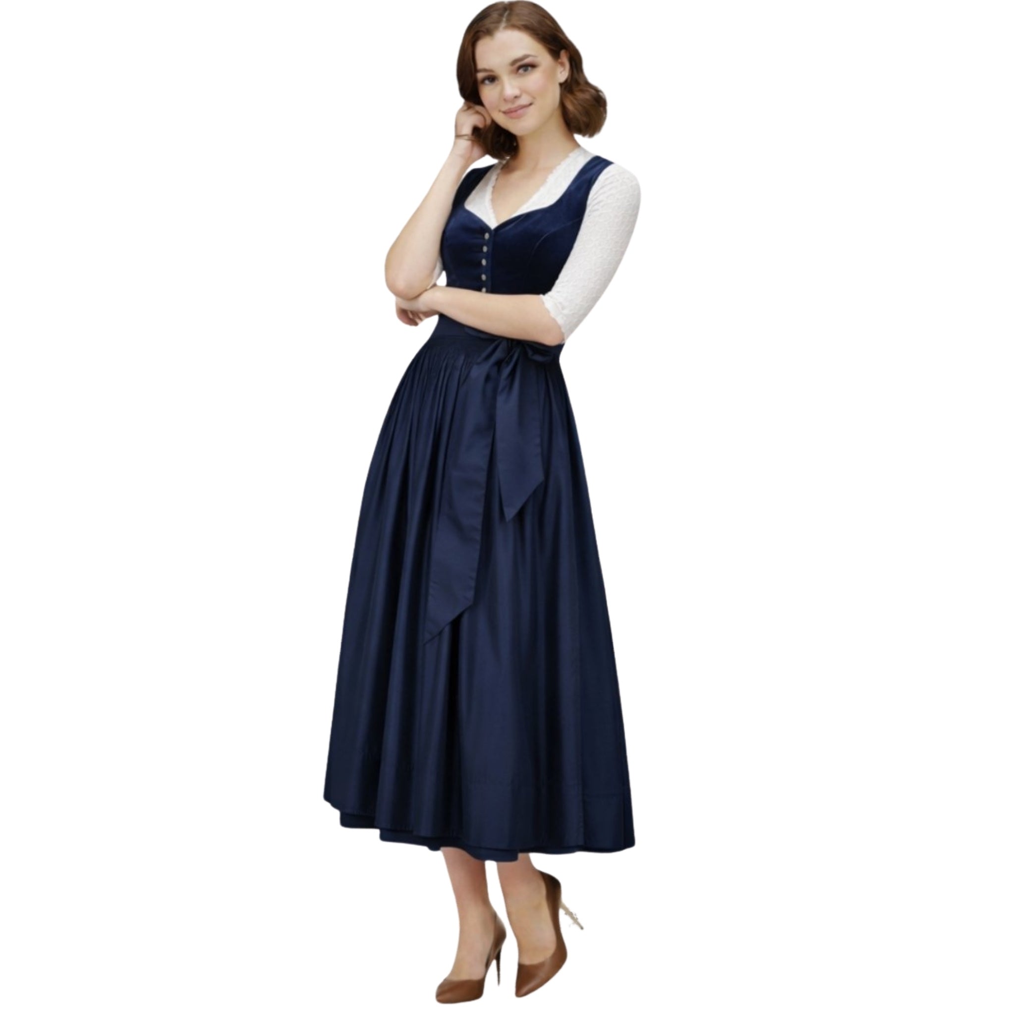 Navy Blue Velvet 3Pcs German Dirndl Dress Set – Long Style
