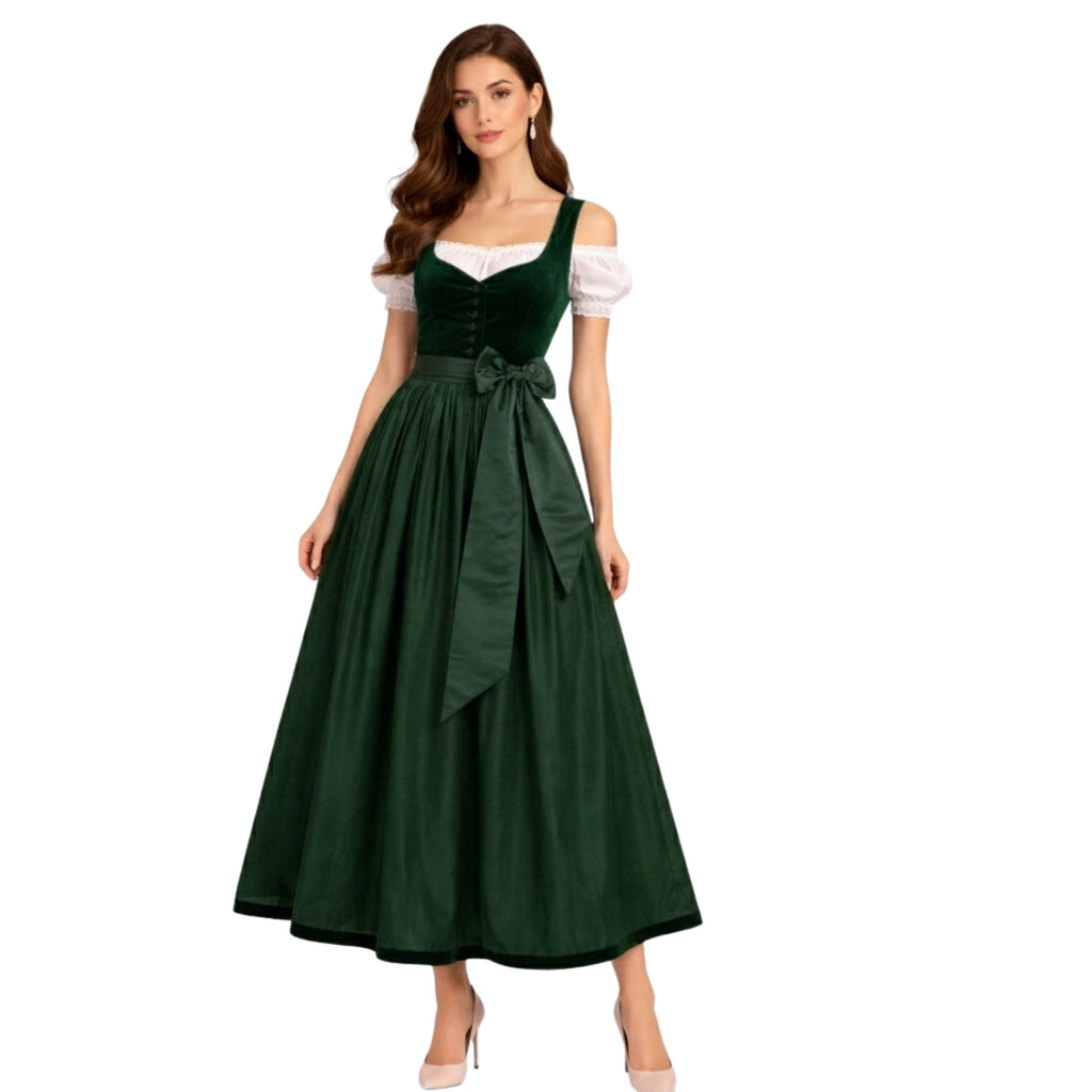 German Dirndl Dress – Forest Green Velvet Maxi Set
