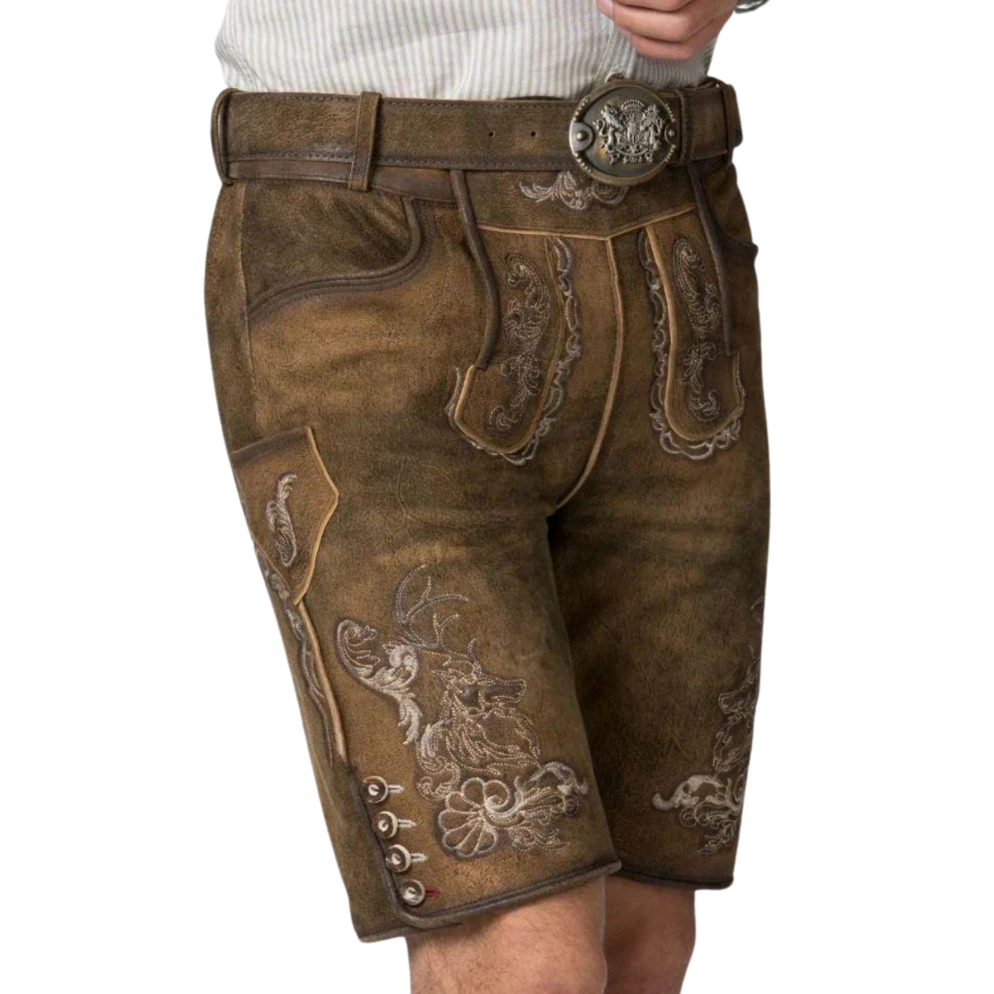 Olive Brown Lederhosen | Stag Embroidery Suede Shorts