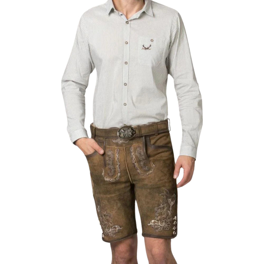 Olive Brown Lederhosen | Stag Embroidery Suede Shorts