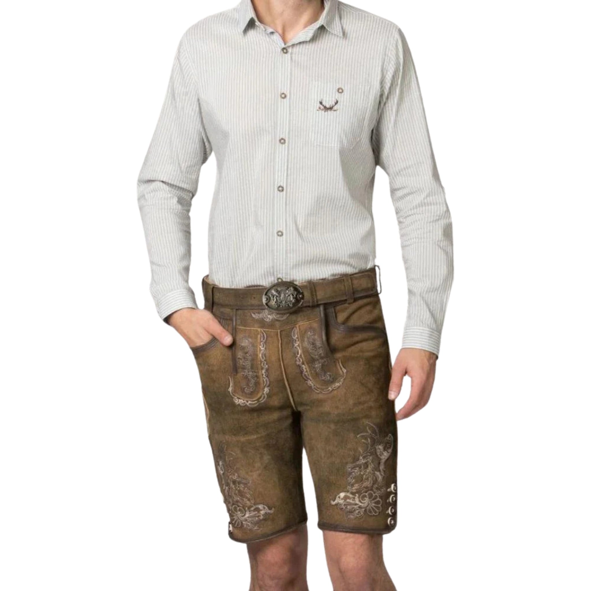 Olive Brown Lederhosen | Stag Embroidery Suede Shorts