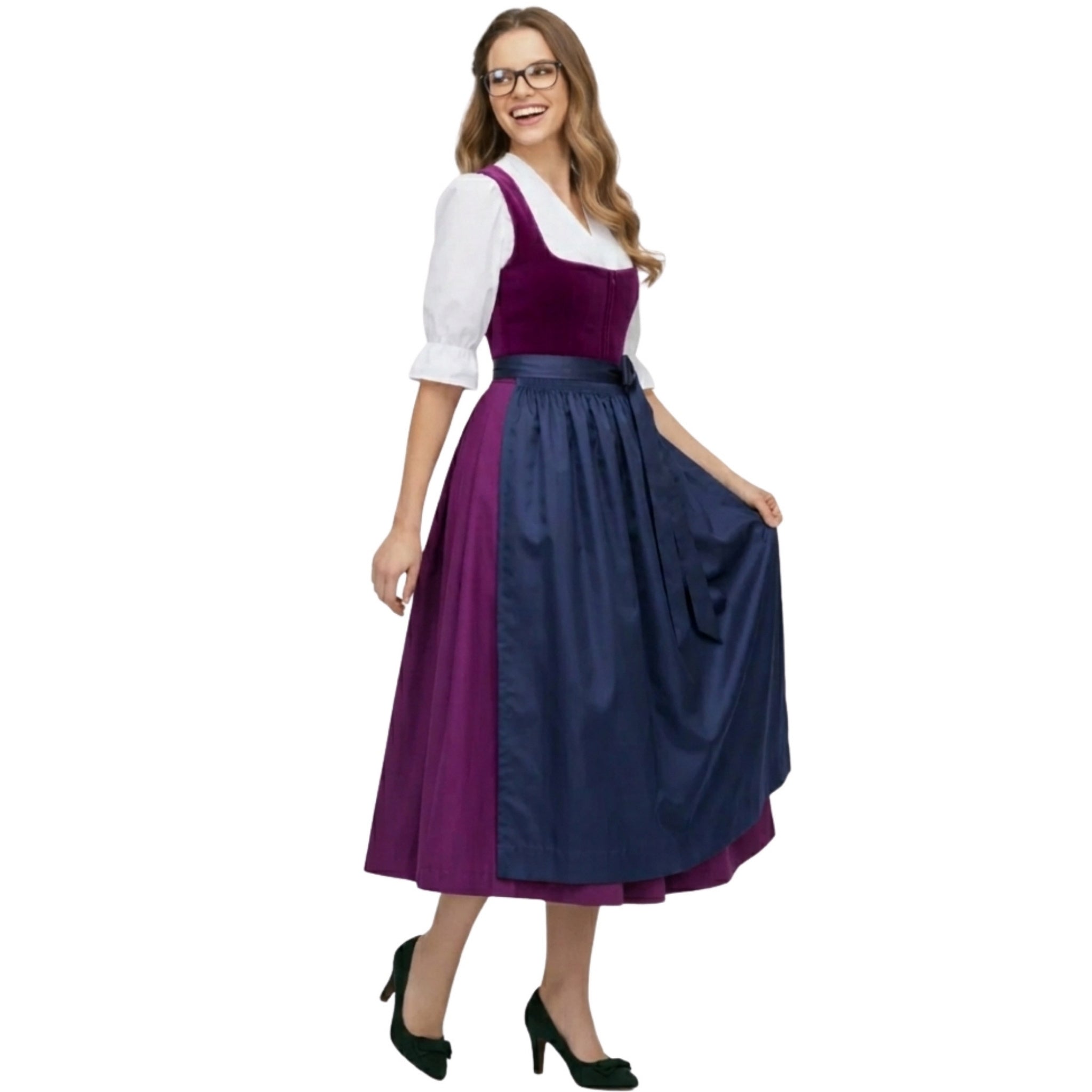 Purple Velvet Dirndl – Navy Satin Apron & Midi Skirt