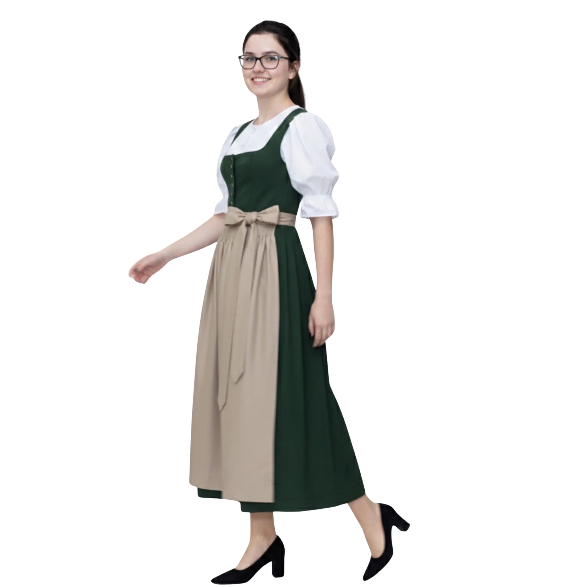 Green Cotton Dirndl Austrian Dress – Gold Silk Satin Apron