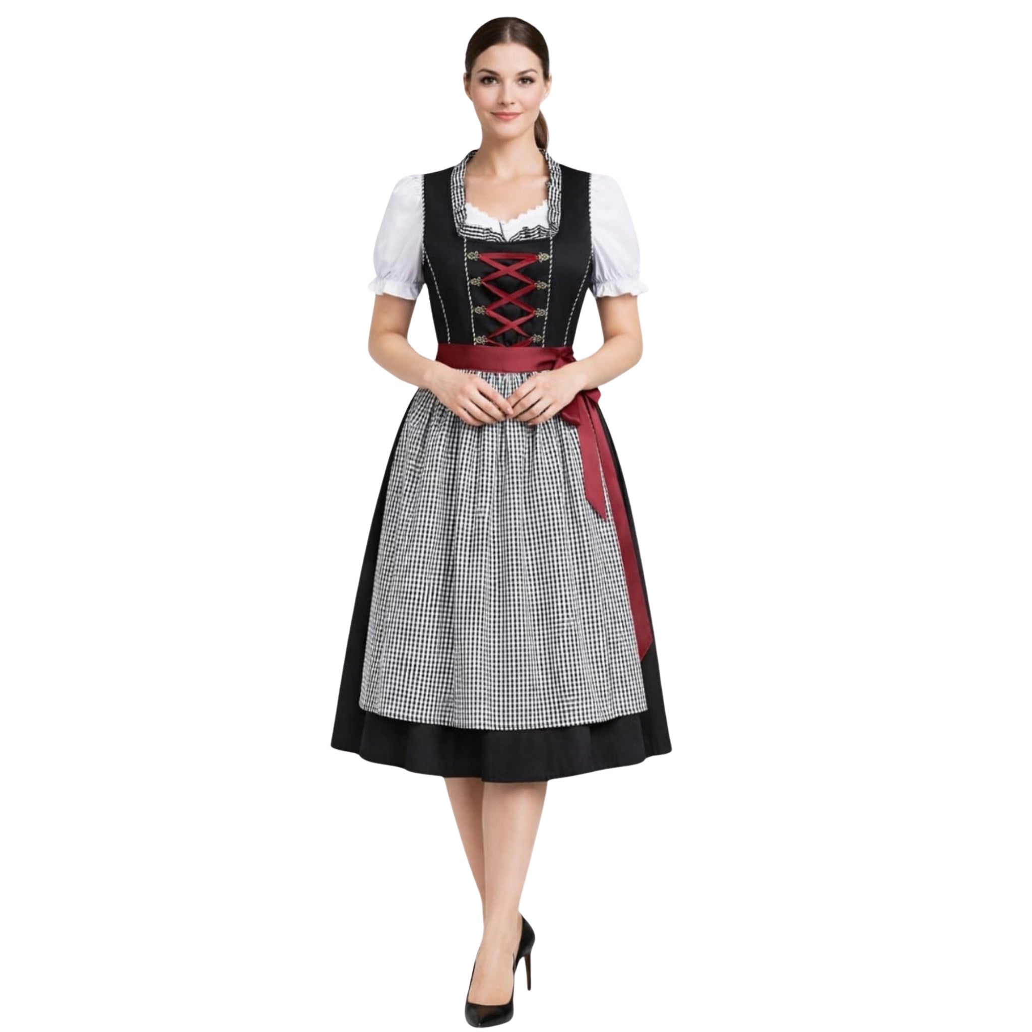 Black Corset Dirndl – Wine Red Bow & Gingham Apron