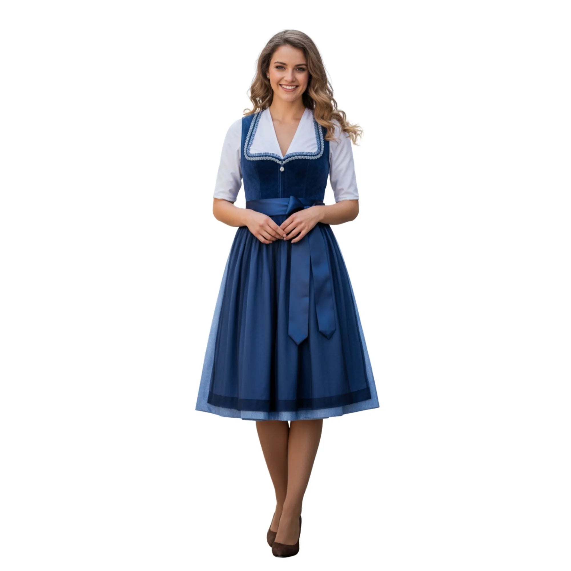 Dirndl Dress Navy Blue Velvet V-Neck