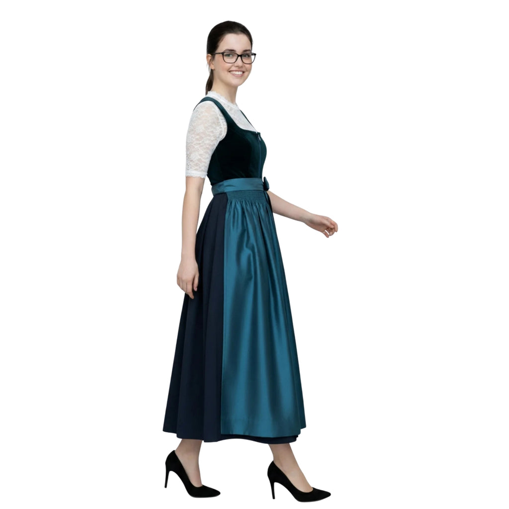 Teal Velvet 3Pcs German Dirndl Long Dress – Zinc Blue Apron