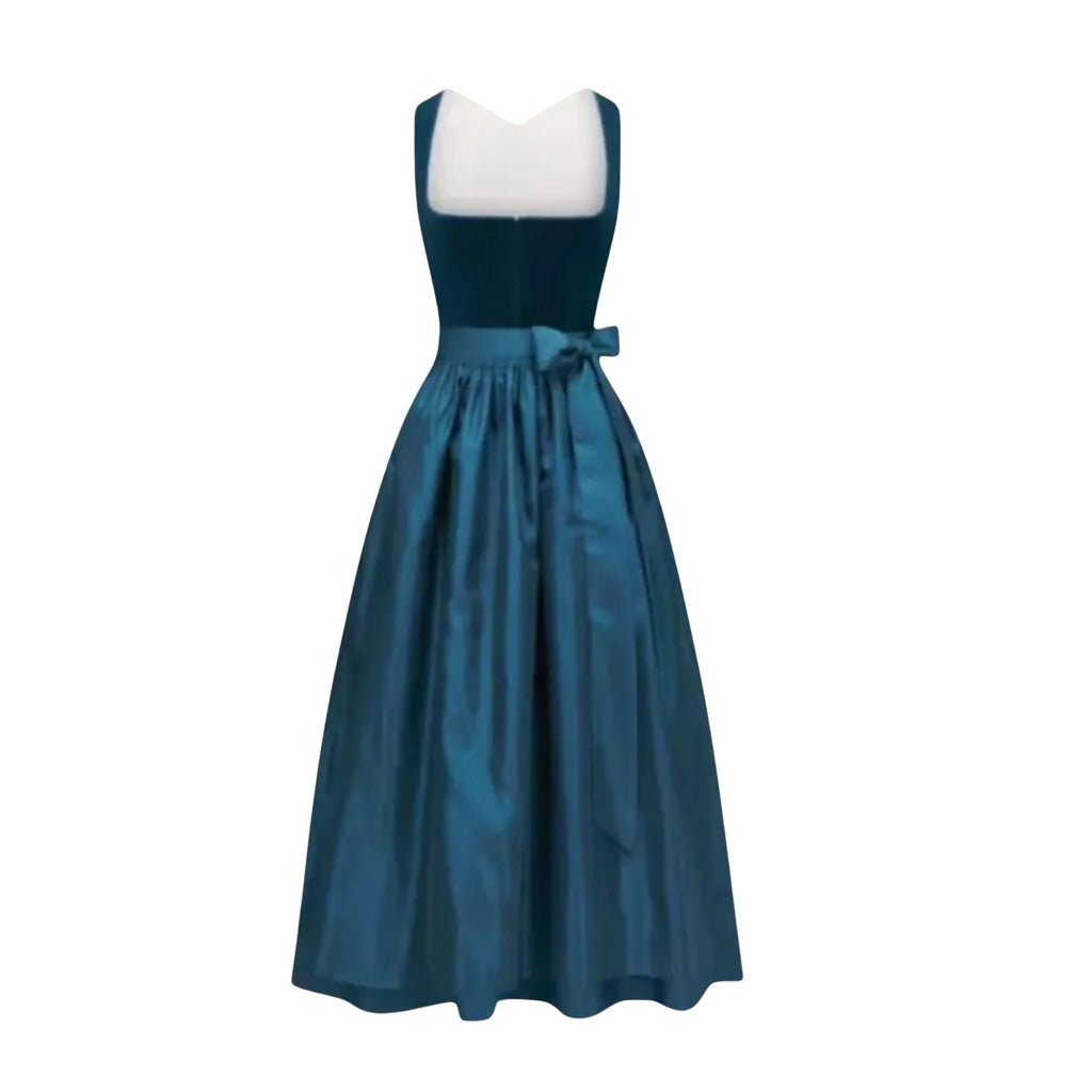 Teal Velvet 3Pcs German Dirndl Long Dress – Zinc Blue Apron