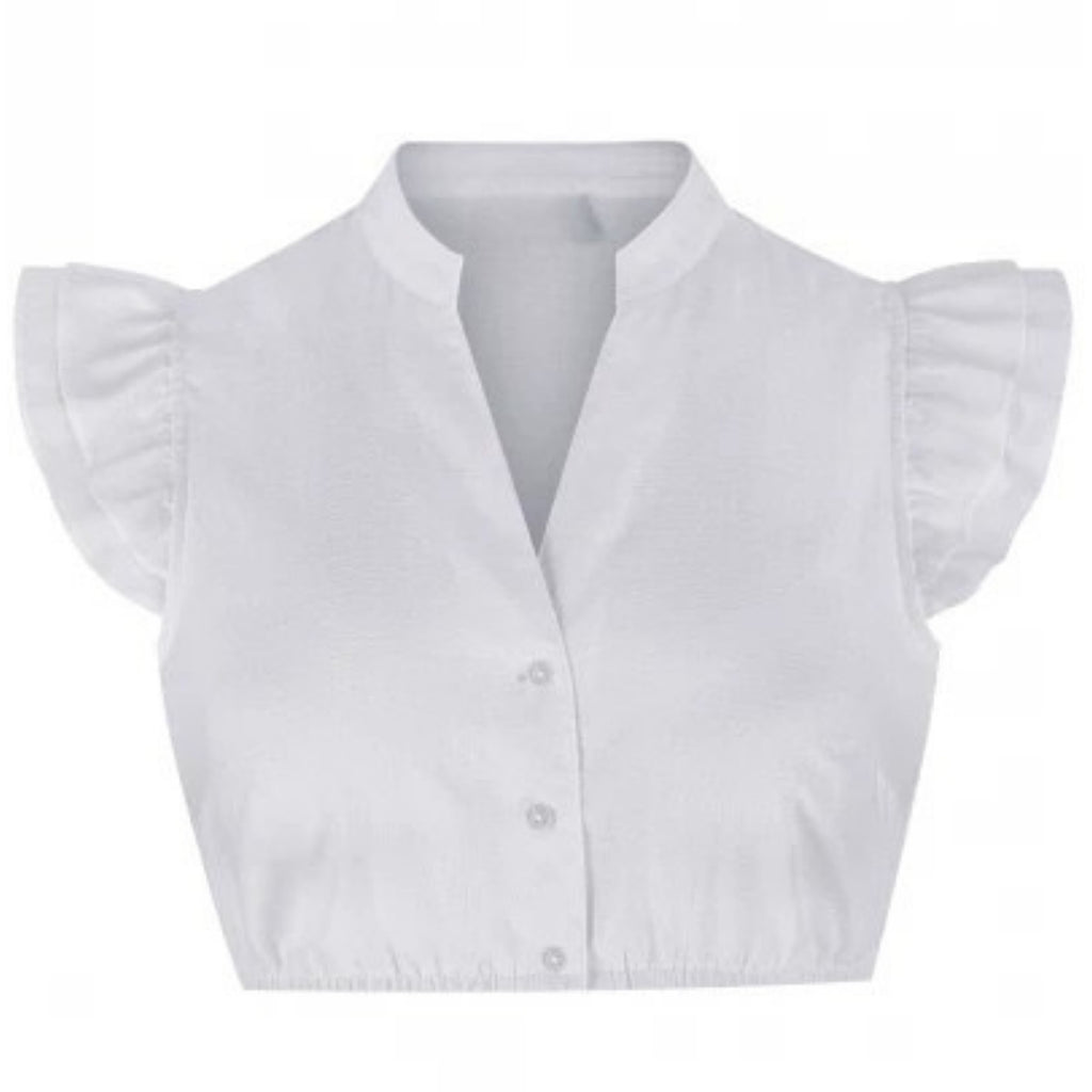 White Dirndl Blouse – Ruffle Sleeve Mandarin Collar Bavarian Crop Top