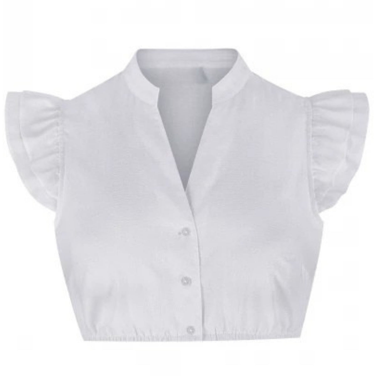 White Dirndl Blouse – Ruffle Sleeve Mandarin Collar Bavarian Crop Top