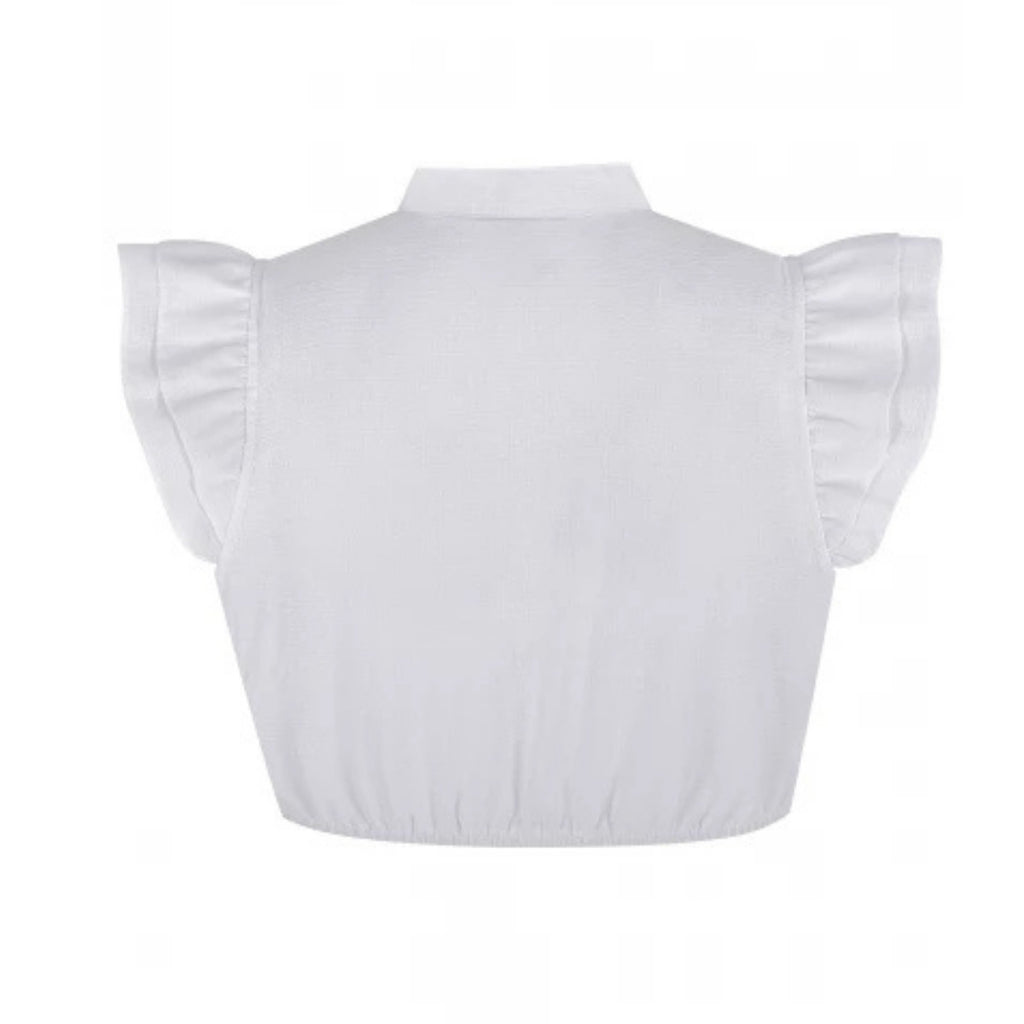White Dirndl Blouse – Ruffle Sleeve Mandarin Collar Bavarian Crop Top