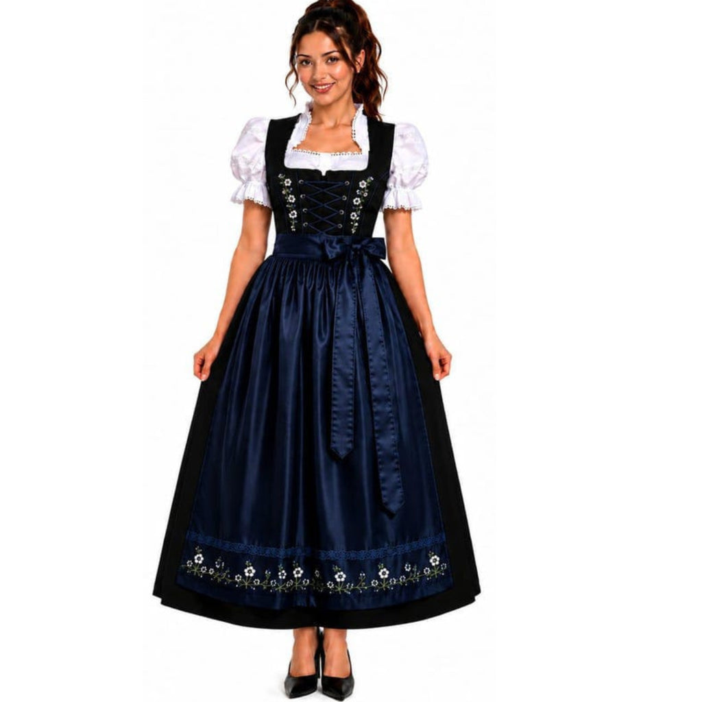 Bavarian Dirndl Dress Black Cotton Embroidery Oktoberfest