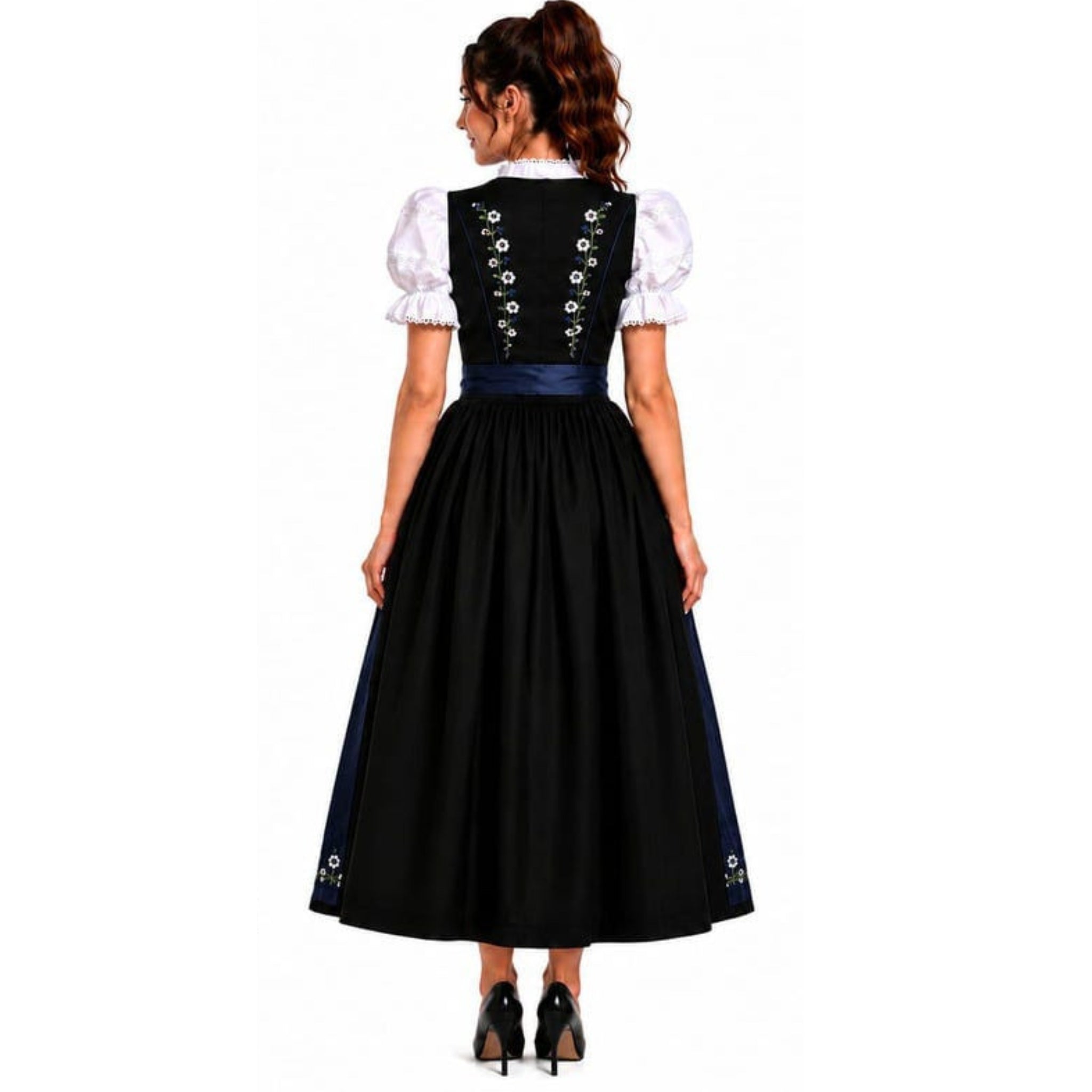 Bavarian Dirndl Dress Black Cotton Embroidery Oktoberfest