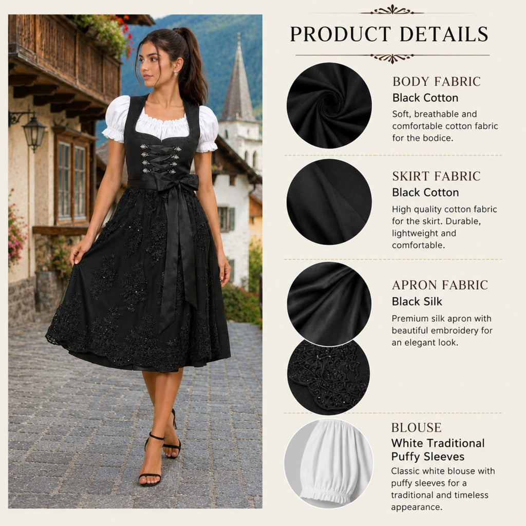 Black Dirndl Dress Lace Embroidery Oktoberfest Gown