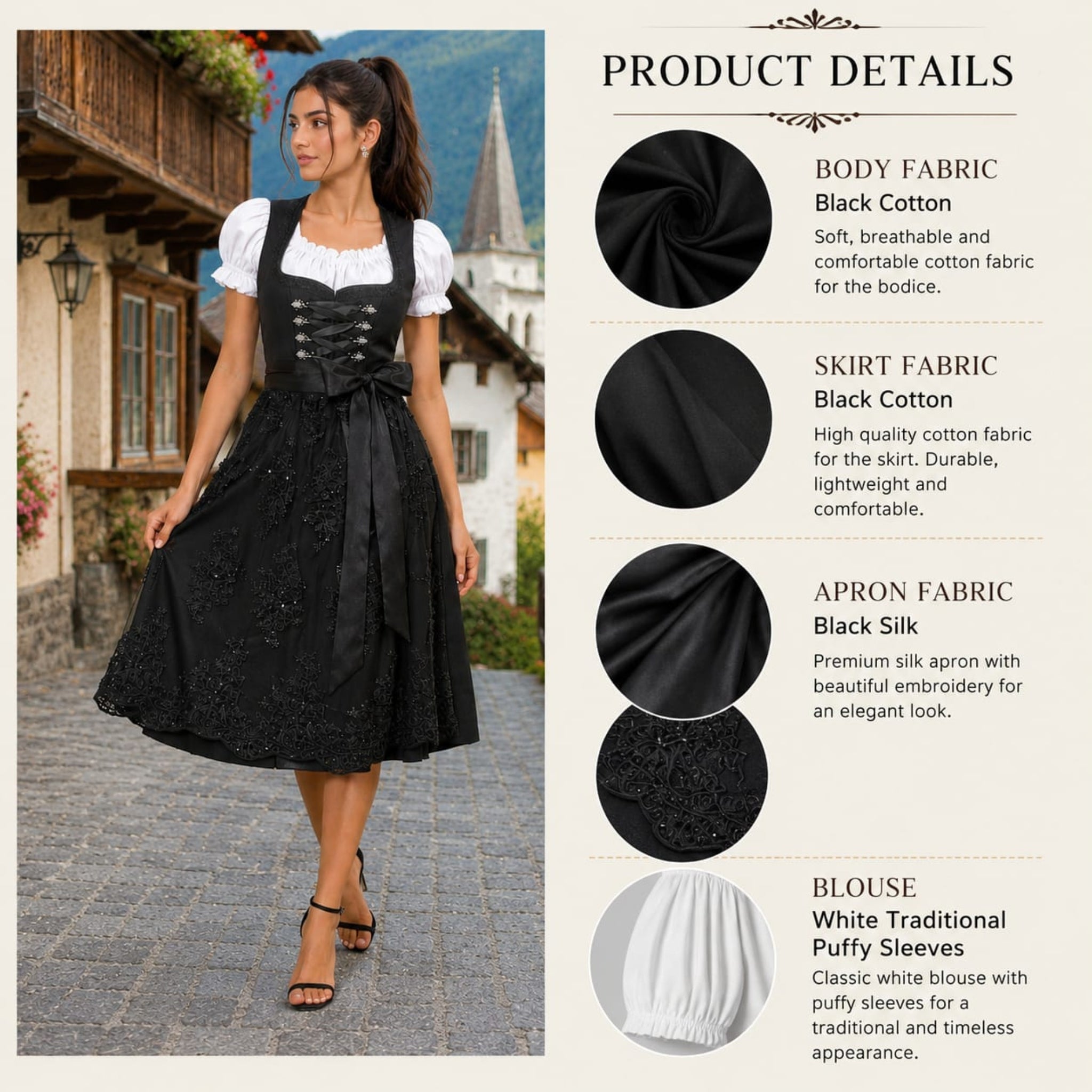 Black Dirndl Dress Lace Embroidery Oktoberfest Gown