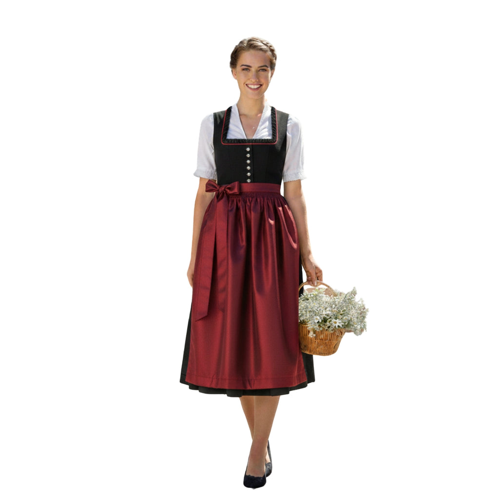 Elegant Black & Burgundy Bavarian Dirndl Dress with Satin Apron