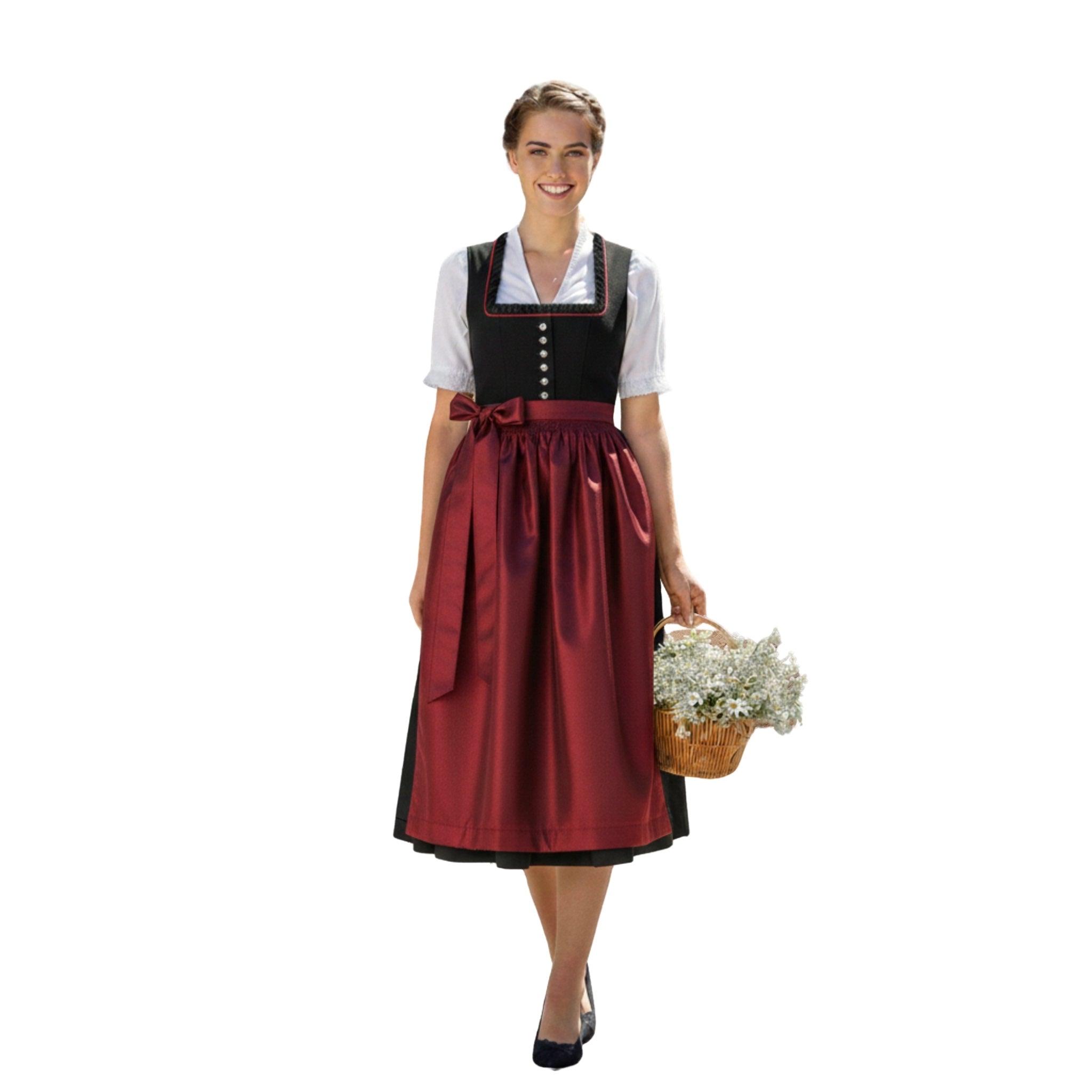 Elegant Black & Burgundy Bavarian Dirndl Dress with Satin Apron