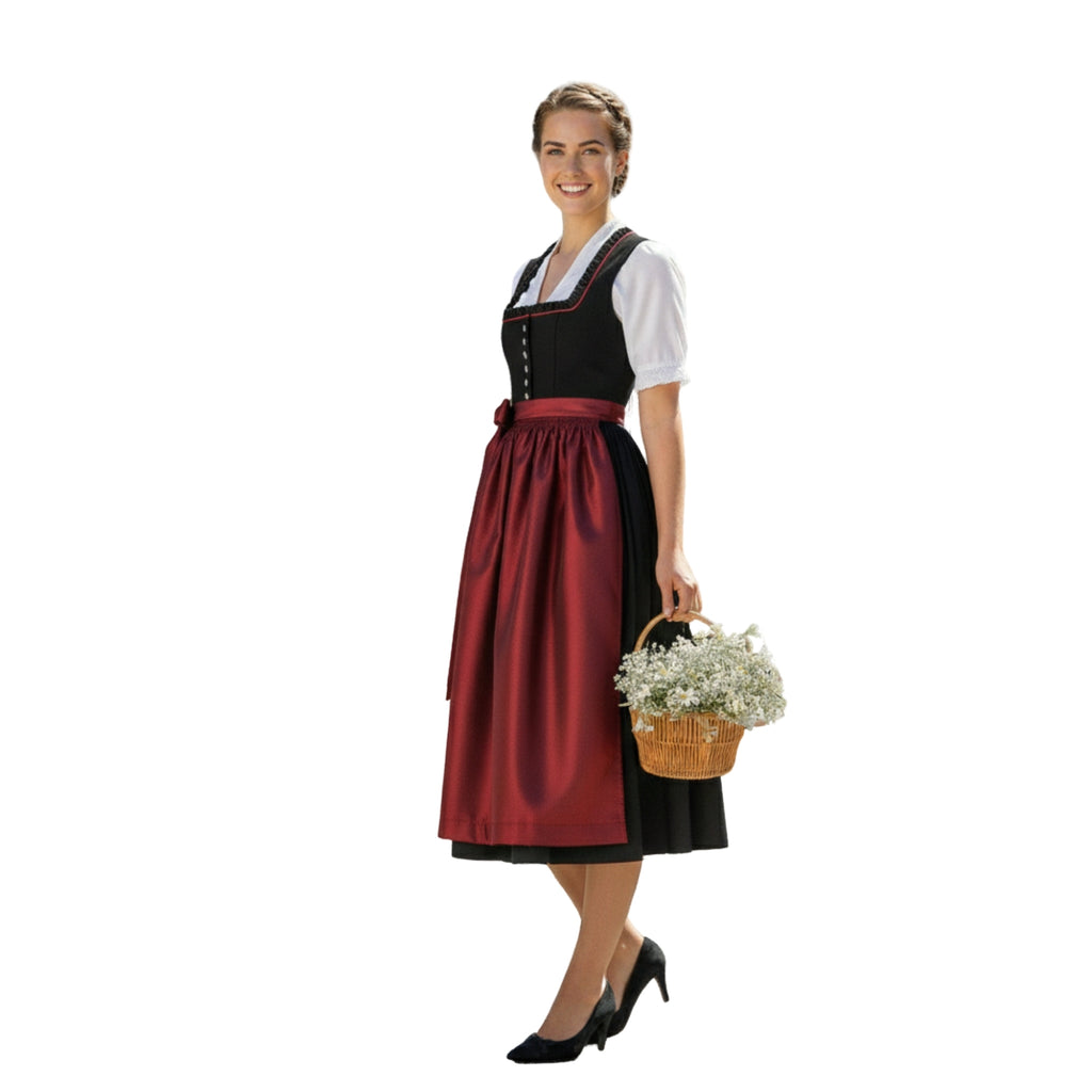 Elegant Black & Burgundy Bavarian Dirndl Dress with Satin Apron