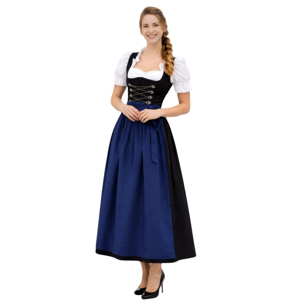 Women's German Style 3Pcs Long Dirndl Dress Set – Black & Blue