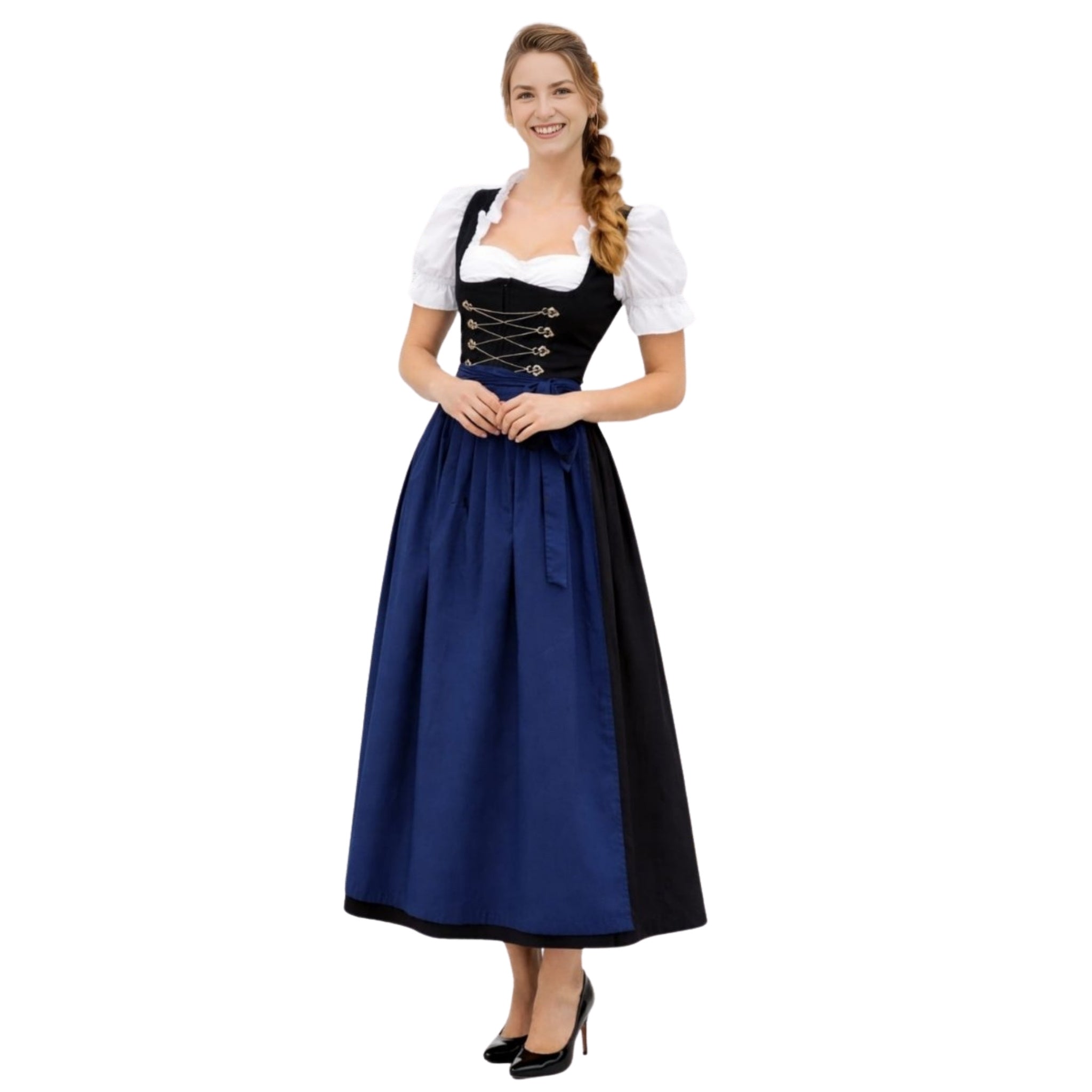 Women's German Style 3Pcs Long Dirndl Dress Set – Black & Blue