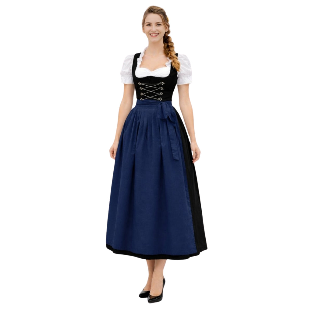 Women's German Style 3Pcs Long Dirndl Dress Set – Black & Blue