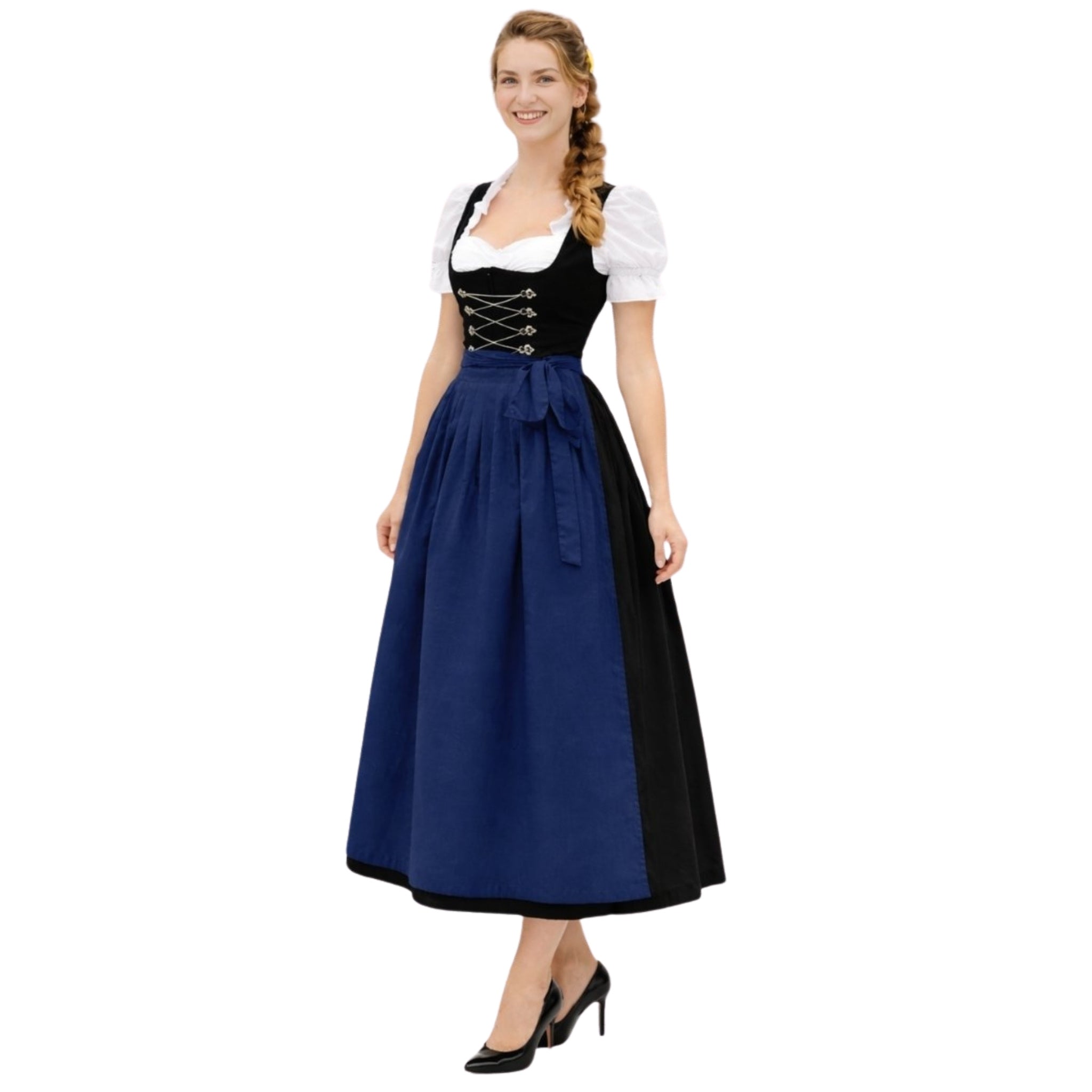 Women's German Style 3Pcs Long Dirndl Dress Set – Black & Blue