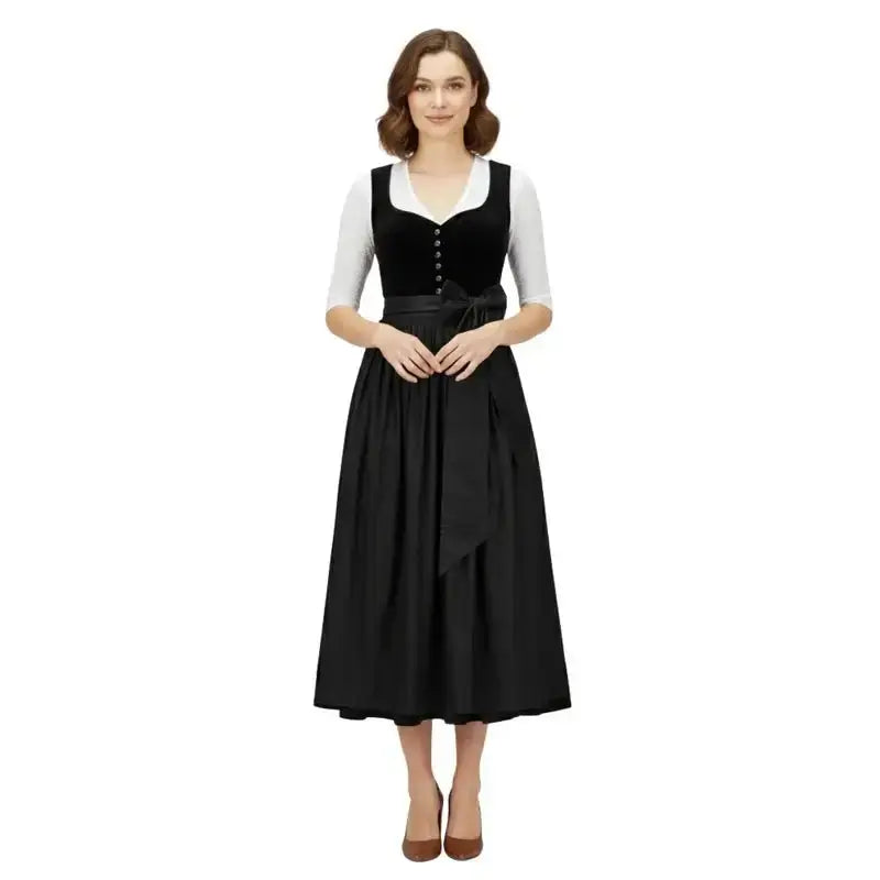 All-Black Velvet Dirndl Midi Dress with Black Satin Apron – Modern Bavarian Tracht for Oktoberfest 2026 - Alpine Dirndl