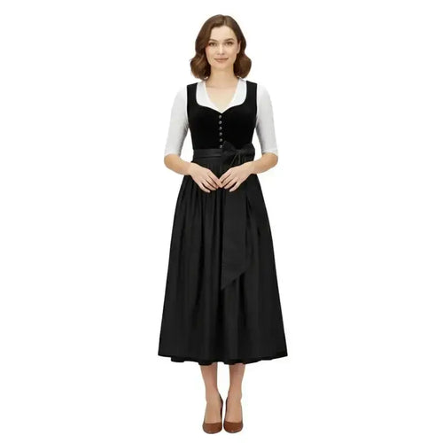 All-Black Velvet Dirndl Midi Dress with Black Satin Apron – Modern Bavarian Tracht for Oktoberfest 2026 - Alpine Dirndl