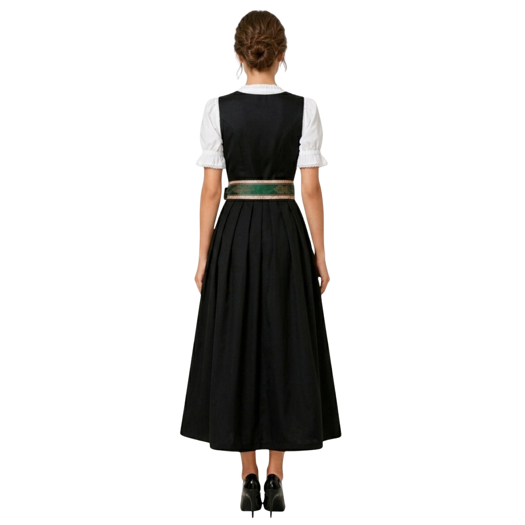 Alpine Dirndl Maxi – Black Embroidered & Stripe Apron - Alpine Dirndl