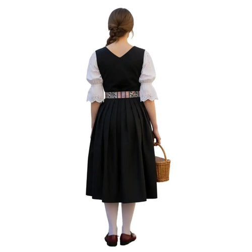 Black dirndl with floral apron showcased from the back, featuring a black bodice and embroidered belt.