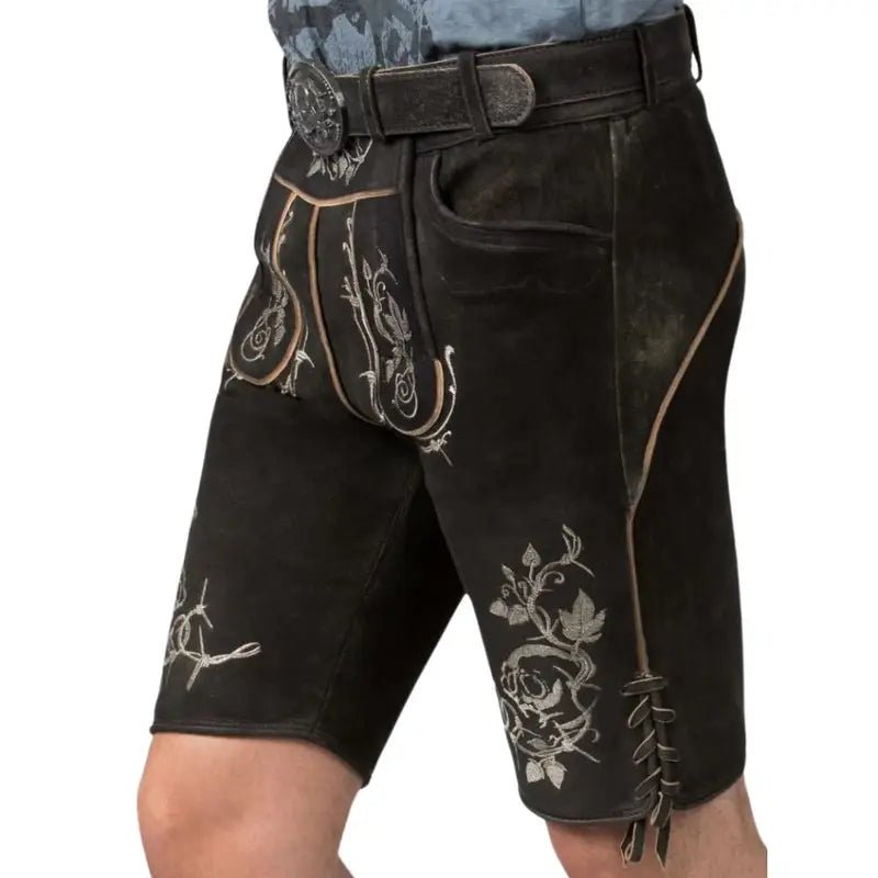 Black Short Lederhosen – Rose Embroidery & Skull Belt 2026 - Alpine Dirndl