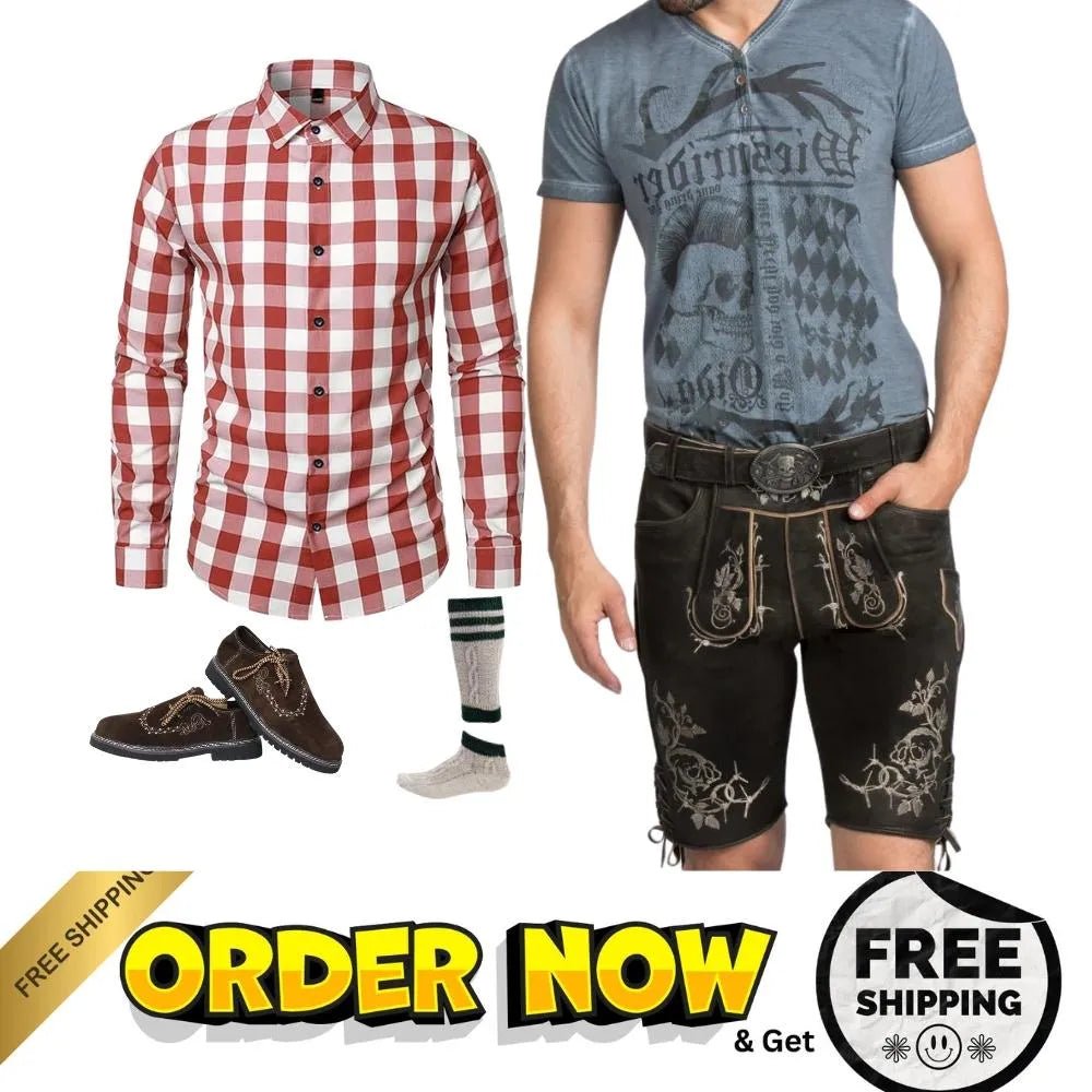 Black Short Lederhosen – Rose Embroidery & Skull Belt 2026 - Alpine Dirndl