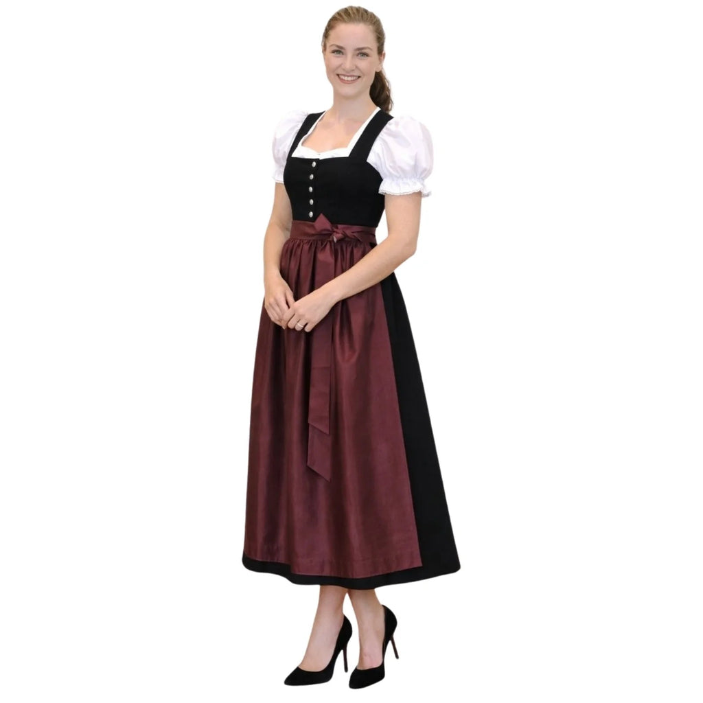 Black Velvet Dirndl Maxi Dress with Burgundy Apron – Long Bavarian Tracht for Oktoberfest 2026 - Alpine Dirndl
