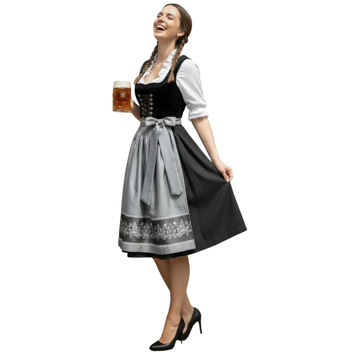 Black Velvet Lace-Up Dirndl & Grey Embroidered Apron 2026 - Alpine Dirndl