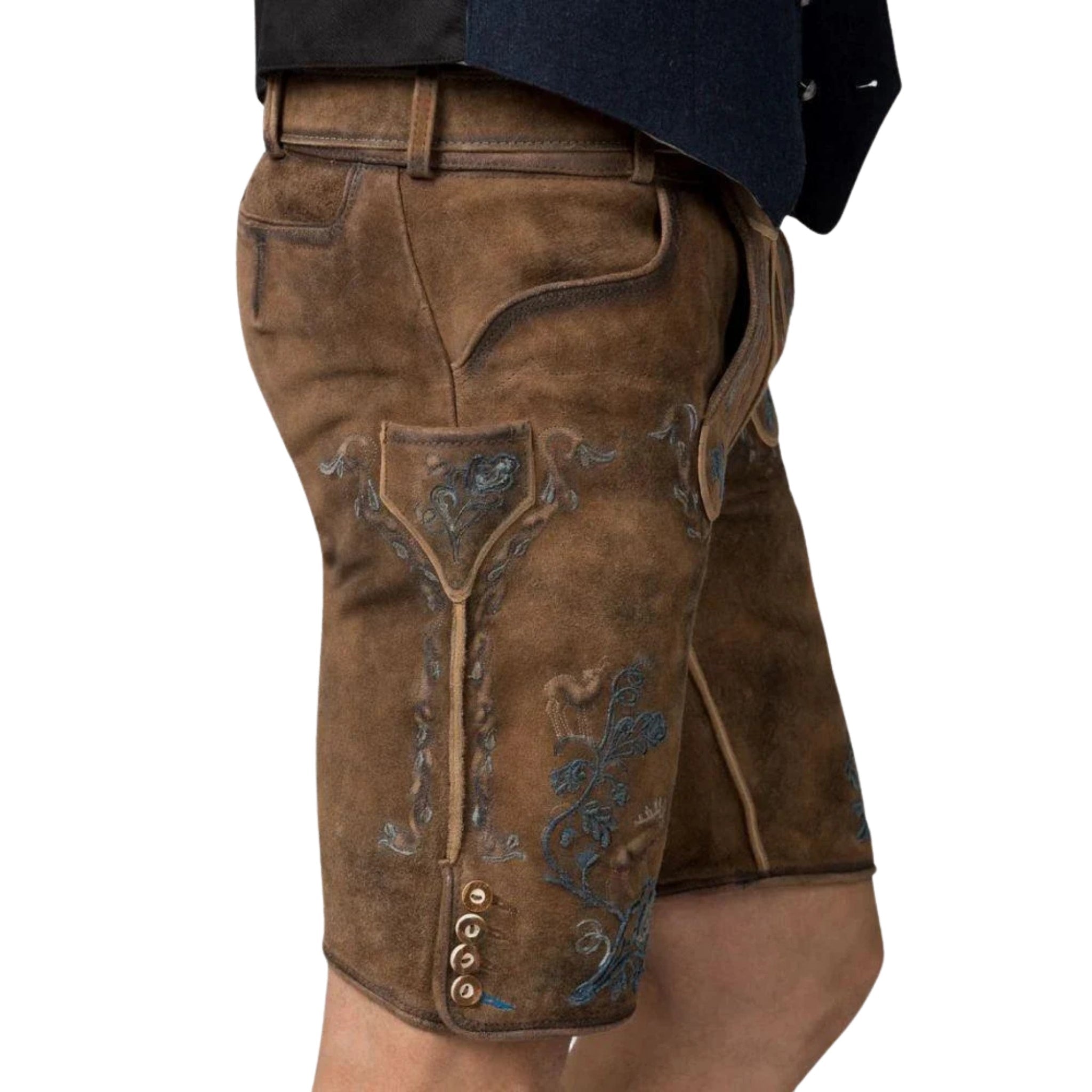 Brown Short Lederhosen | Blue Floral Embroidery Belt - Alpine Dirndl