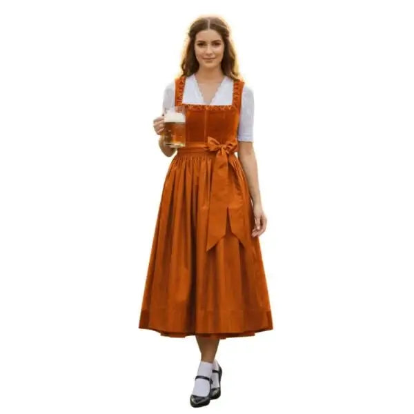 Burnt Orange Velvet Dirndl Midi Dress – All-Orange Monochrome Bavarian Tracht for Oktoberfest 2026 - Alpine Dirndl