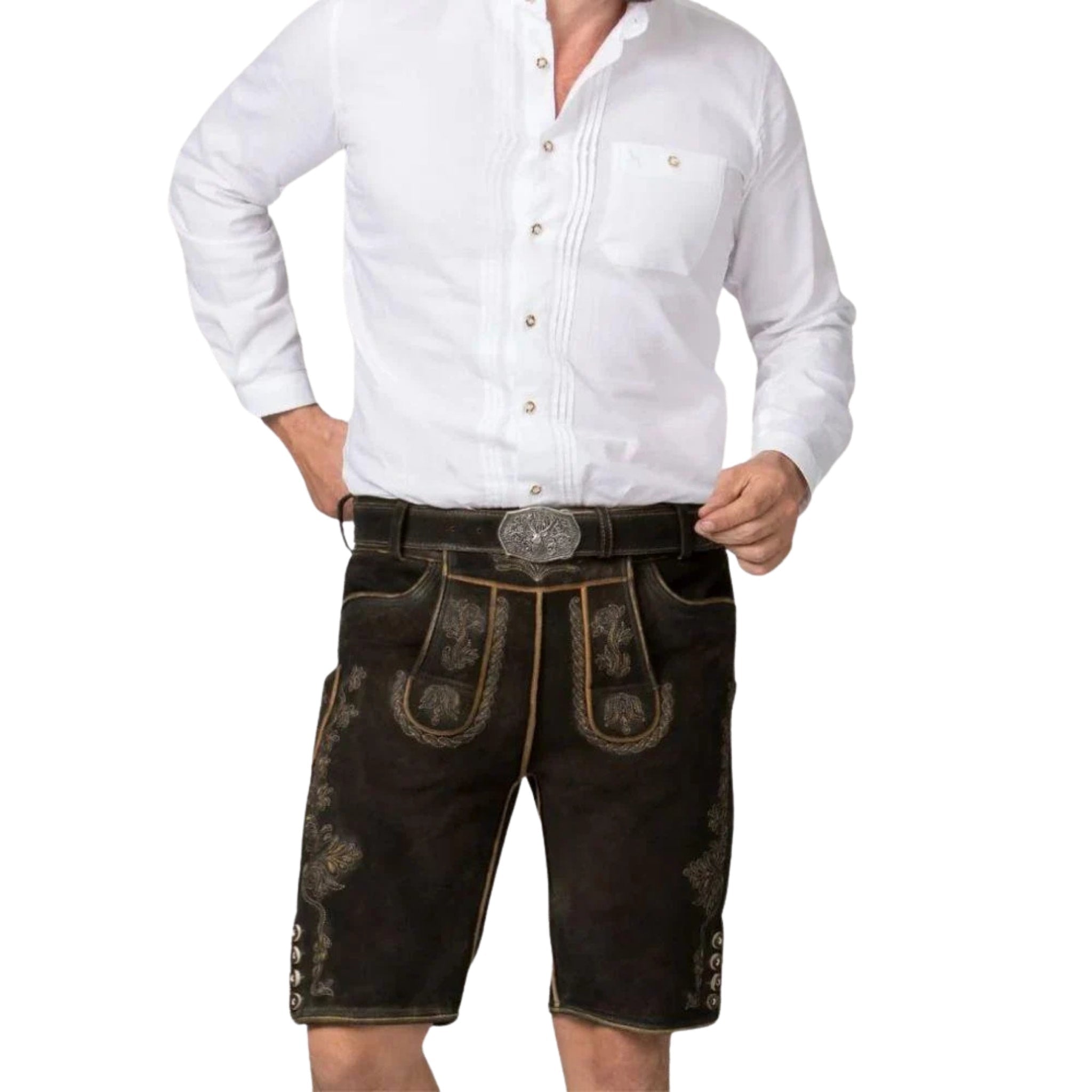 Dark Brown Short Lederhosen | Gold Embroidery & Belt - Alpine Dirndl