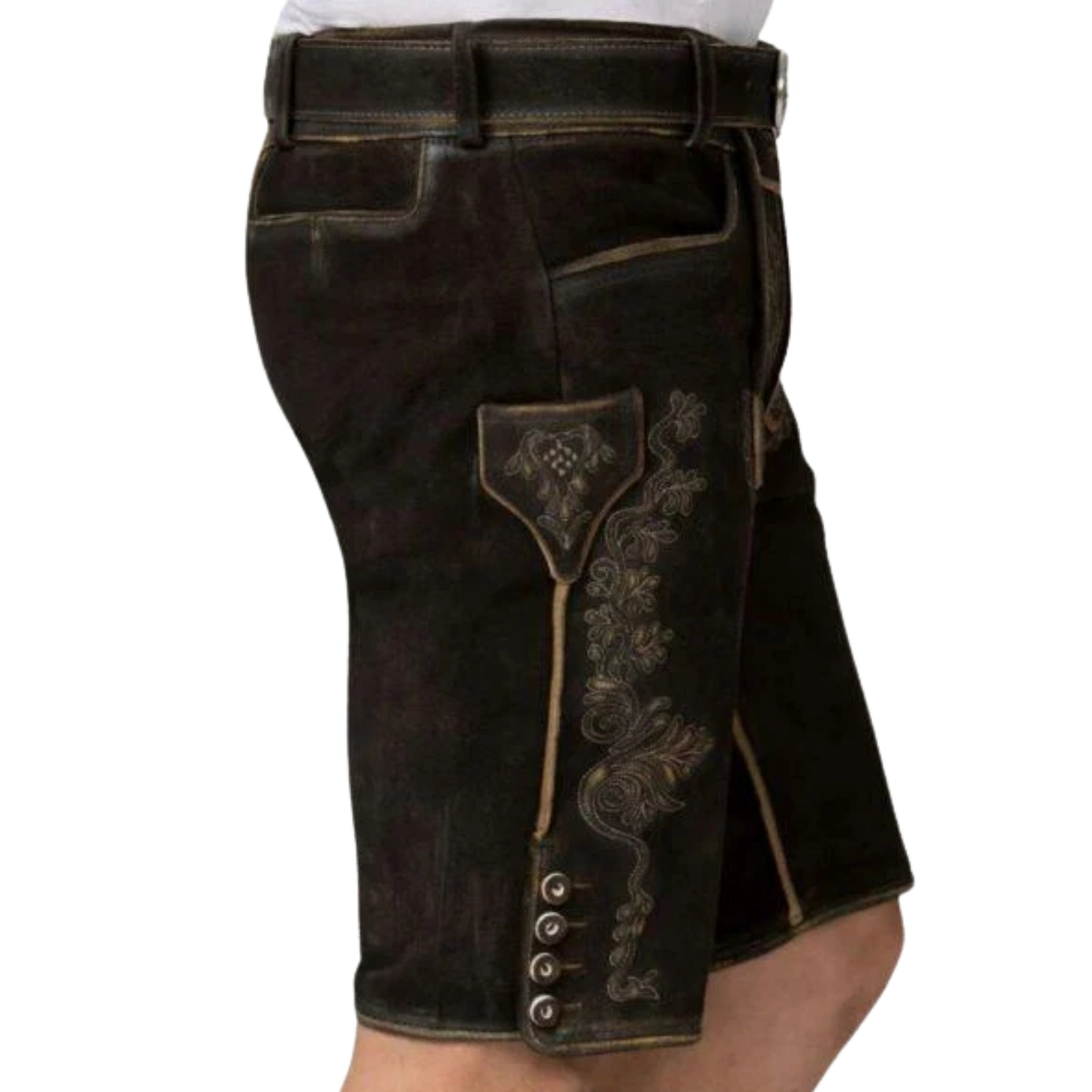 Dark Brown Short Lederhosen | Gold Embroidery & Belt - Alpine Dirndl