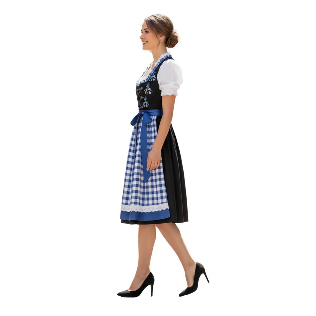 Dirndl Dress Black Cotton Blue Gingham - Alpine Dirndl