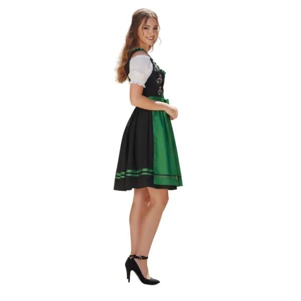 Dirndl Dress Black Cotton Green Satin Short - Alpine Dirndl