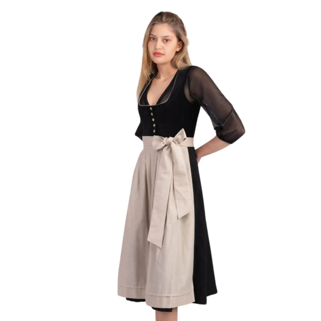 Dirndl Dress Black Velvet Beige Skirt Sheer Sleeves - Alpine Dirndl