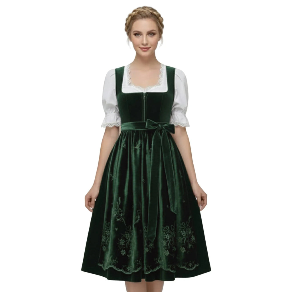 Dirndl Dress Green Velvet Embroidered - Alpine Dirndl