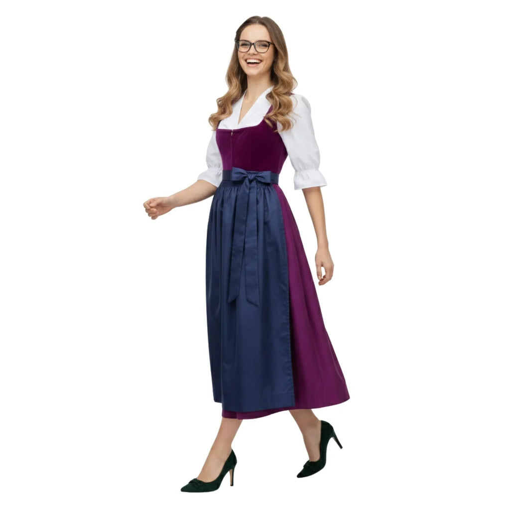 Dirndl Dress Magenta Velvet Navy Apron - Alpine Dirndl