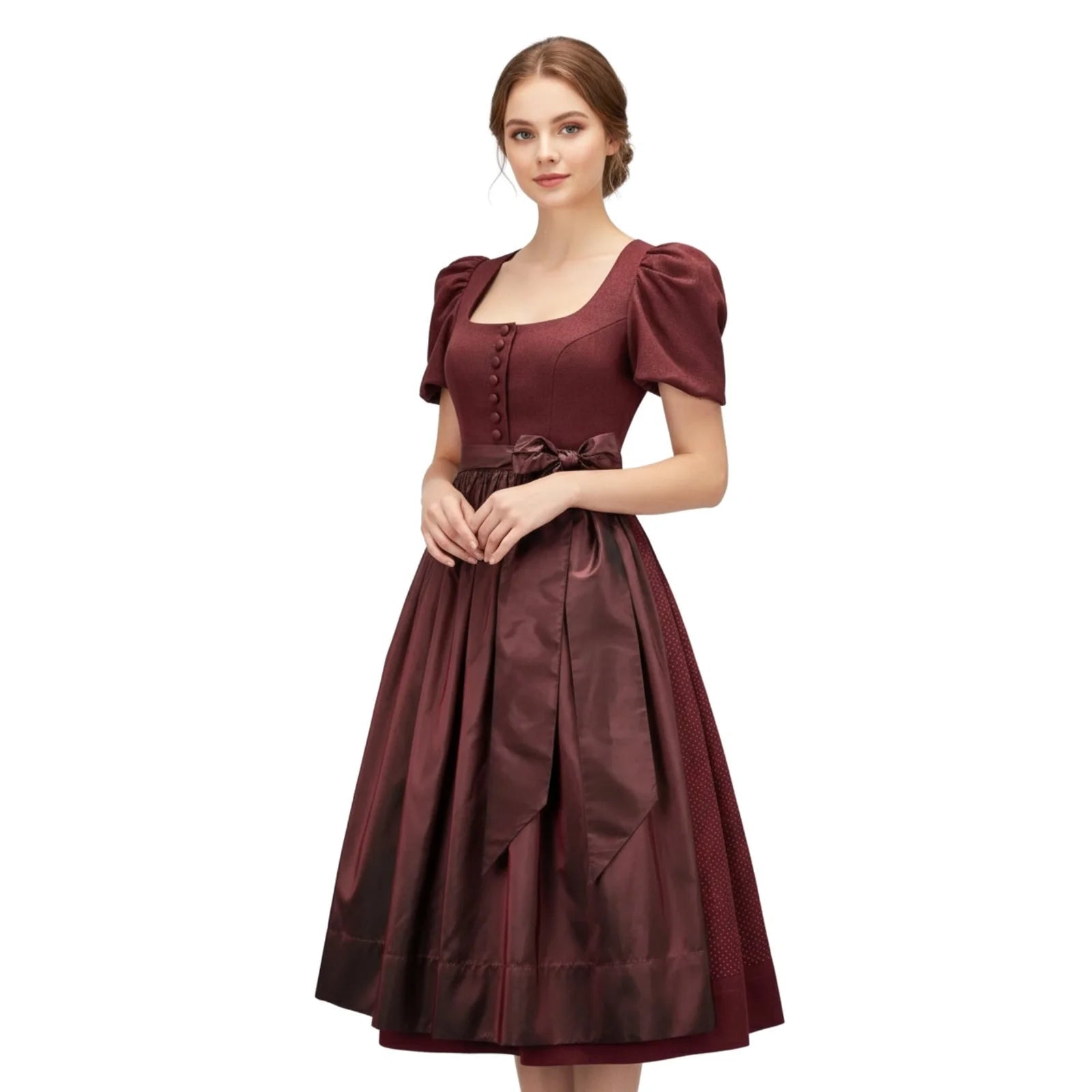 Dirndl Dress Maroon Cotton Puff Sleeve - Alpine Dirndl