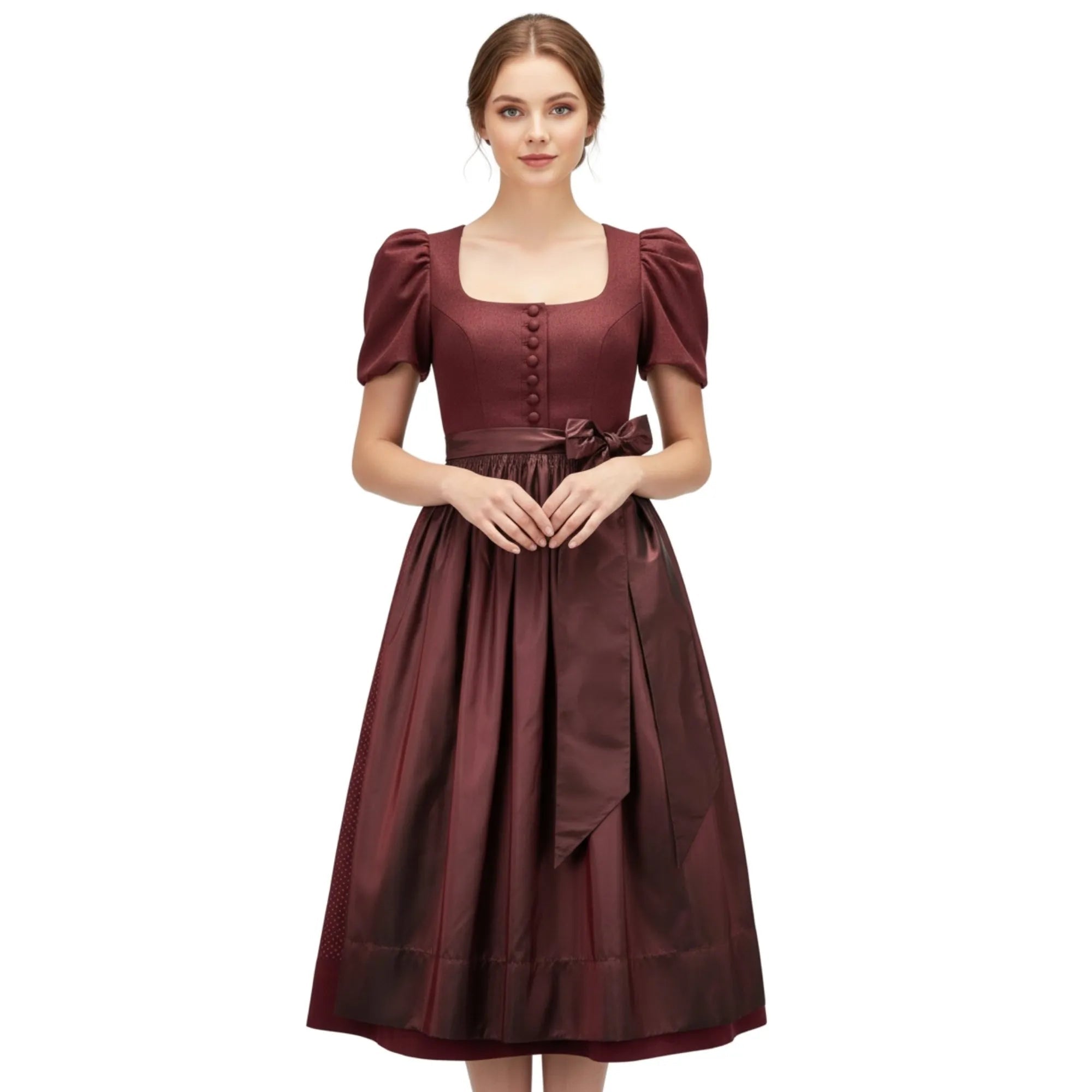 Dirndl Dress Maroon Cotton Puff Sleeve - Alpine Dirndl