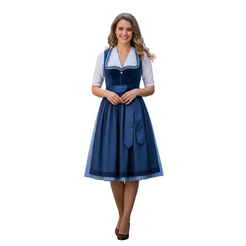 Dirndl Dress Navy Blue Velvet V-Neck - Alpine Dirndl