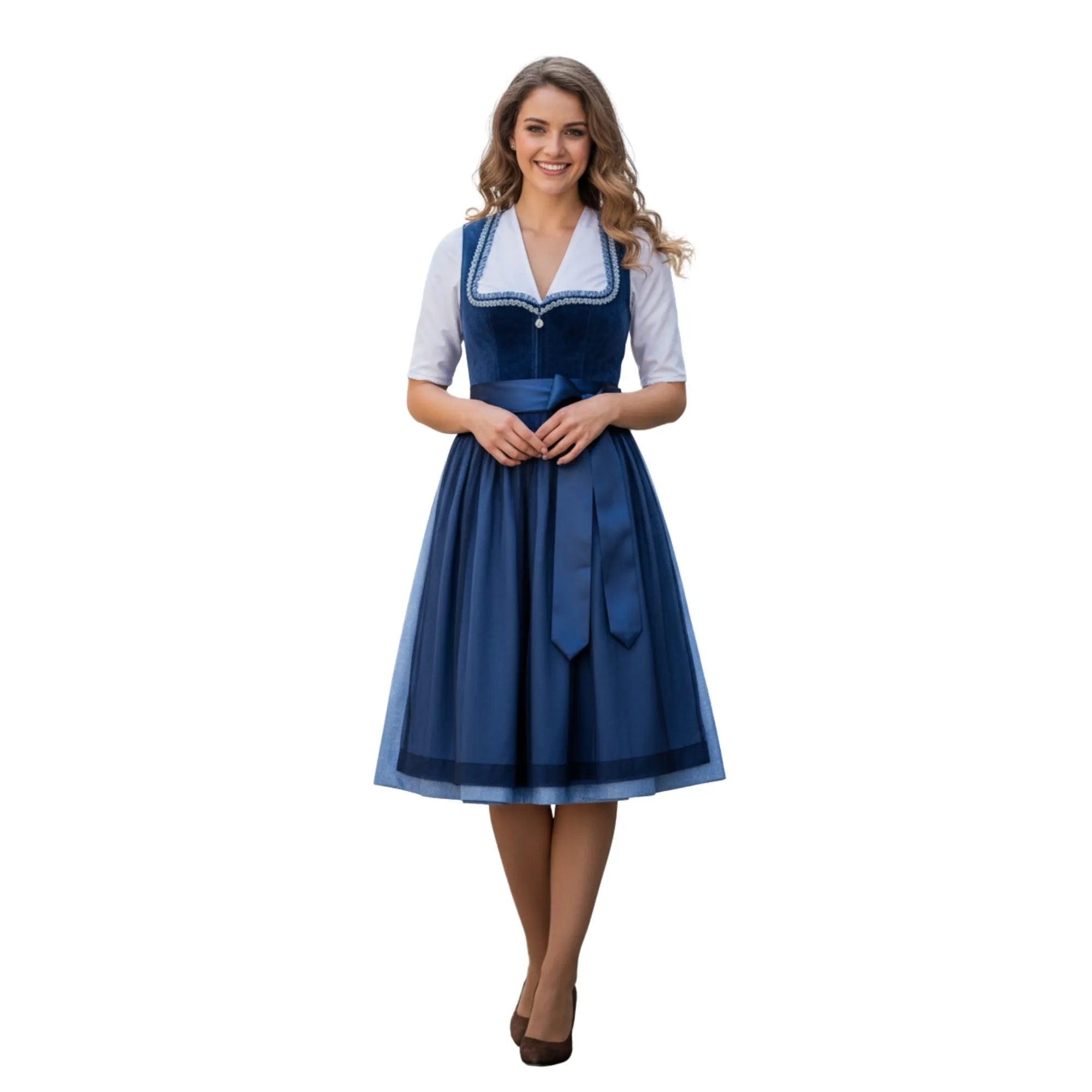 Dirndl Dress Navy Blue Velvet V-Neck - Alpine Dirndl
